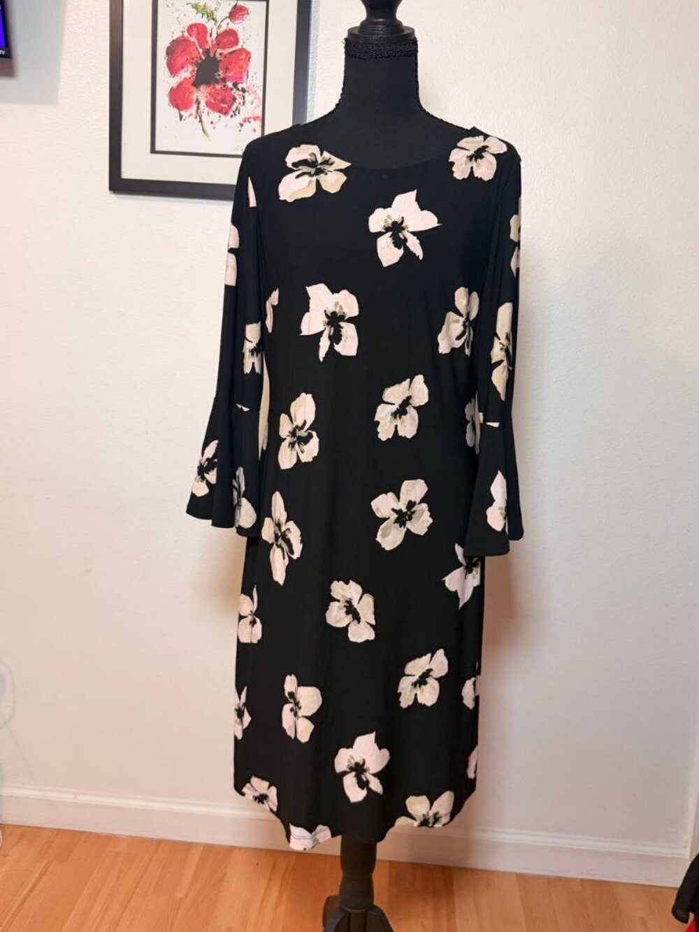 Tommy Hilfiger Black Floral Shift Dress Bell Sleeve Logo Zip Classic Sz 10